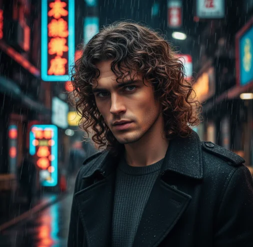 Curly middle part mullet